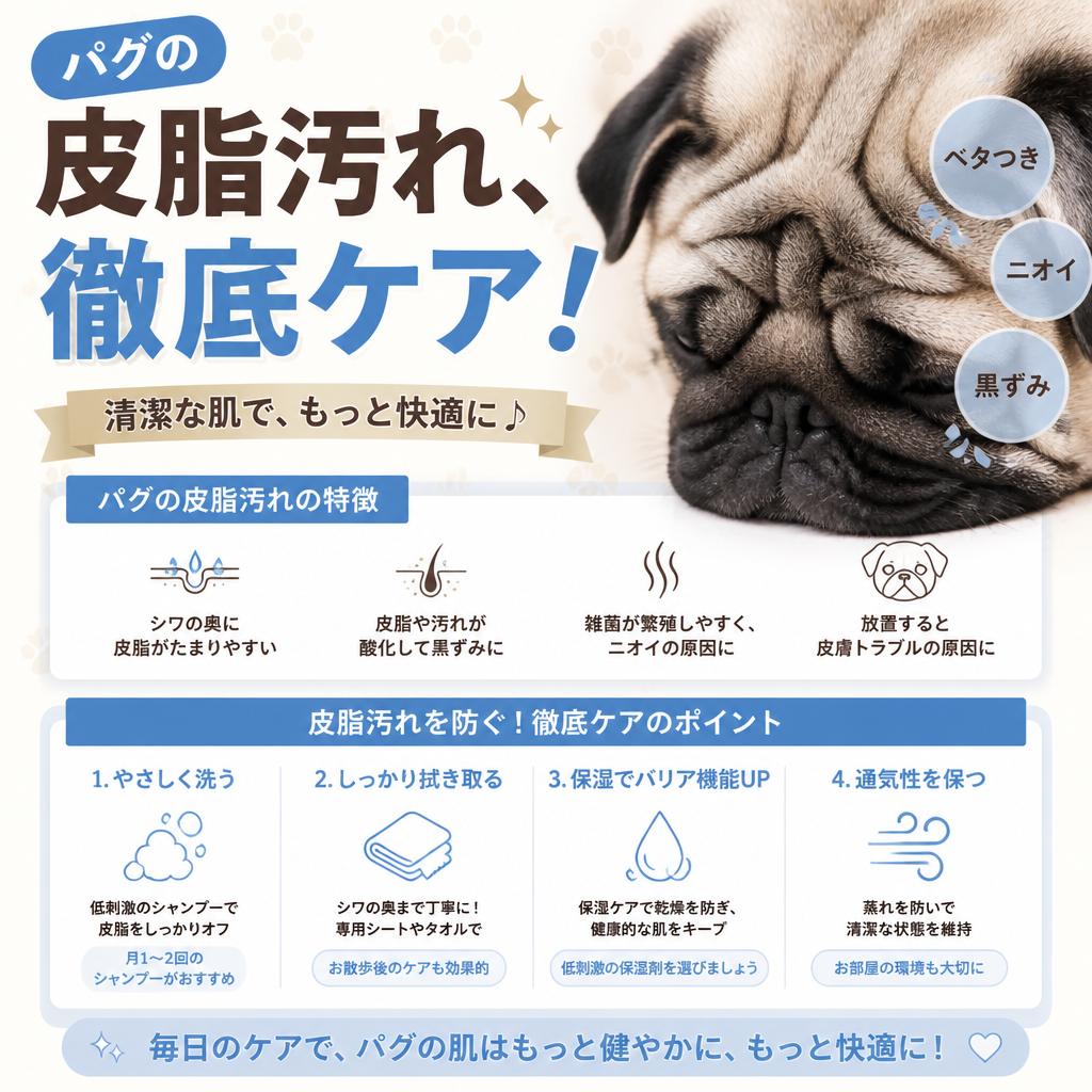 パグの皮脂汚れ、徹底ケア！